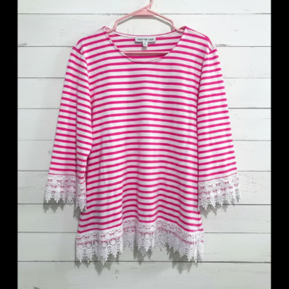 Southern Lady Large Pink White Stripe Top Lace Trim 3/4 Sleeve